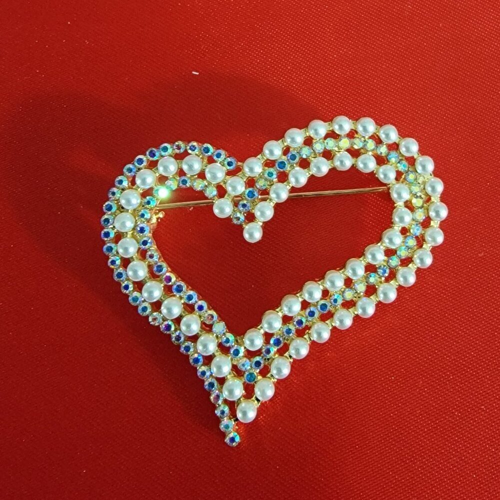 Faux Pearl and Crystal Abstract Heart Brooch New